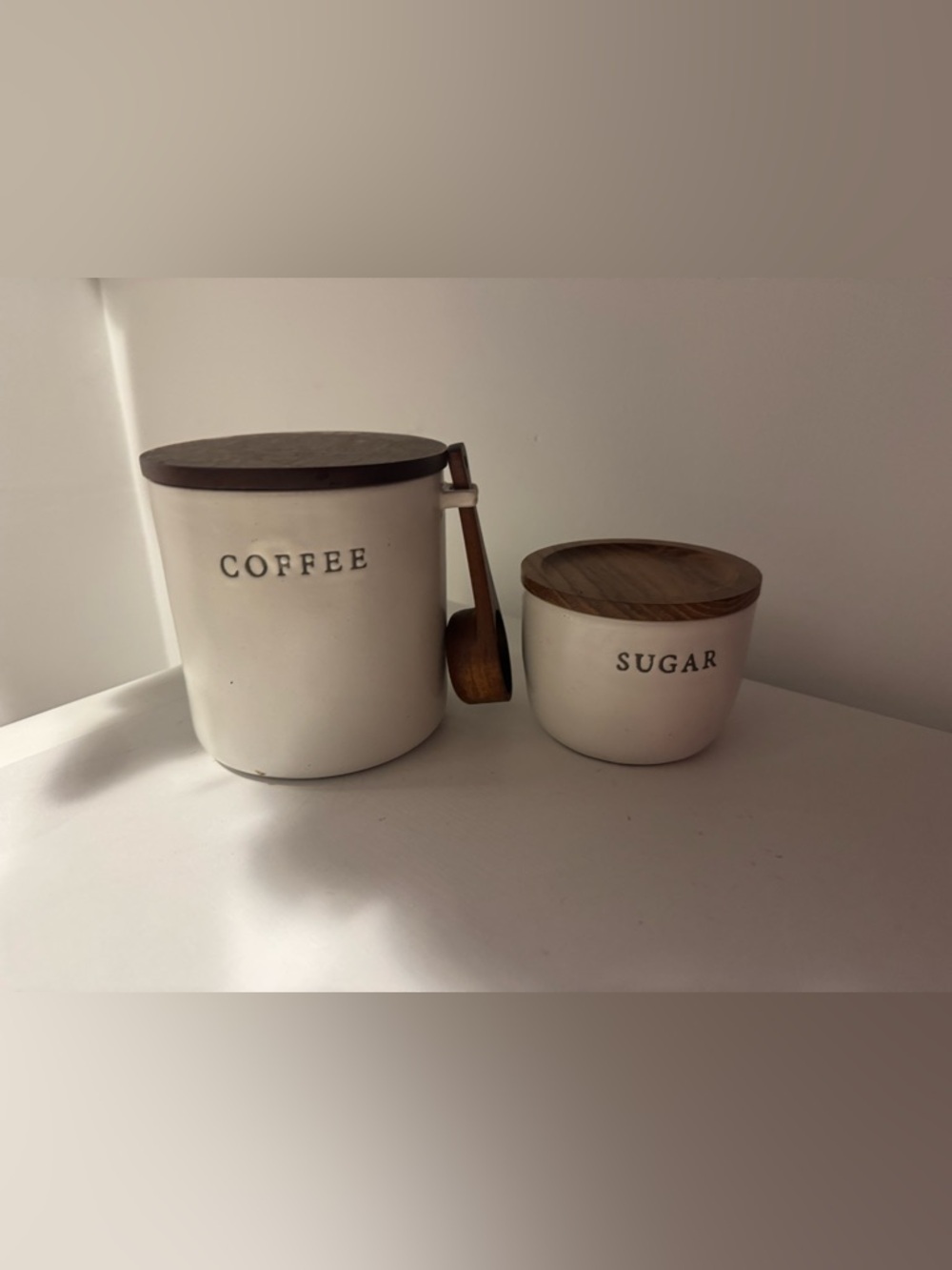 White Ceramic Coffee & Sugar Canister Set with Wood Lids